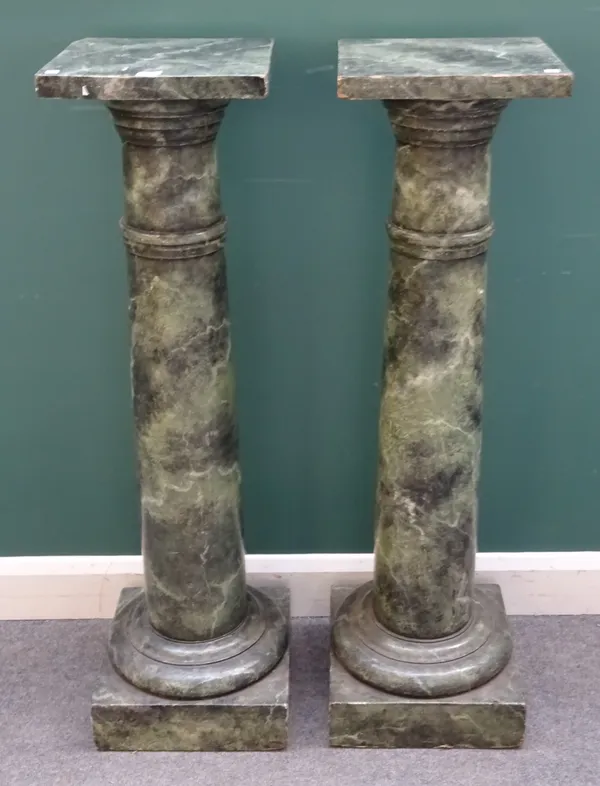 A pair of faux marble painted jardiniere stands on turned columns with square end capitals, 34cm wide x 116cm high, (2).