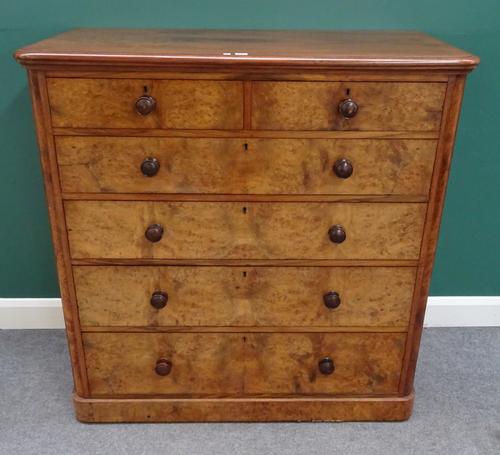 A Victorian figured walnut chest of two short and four long graduated drawers, on plinth base, 123cm wide x 125cm high x 60cm deep.