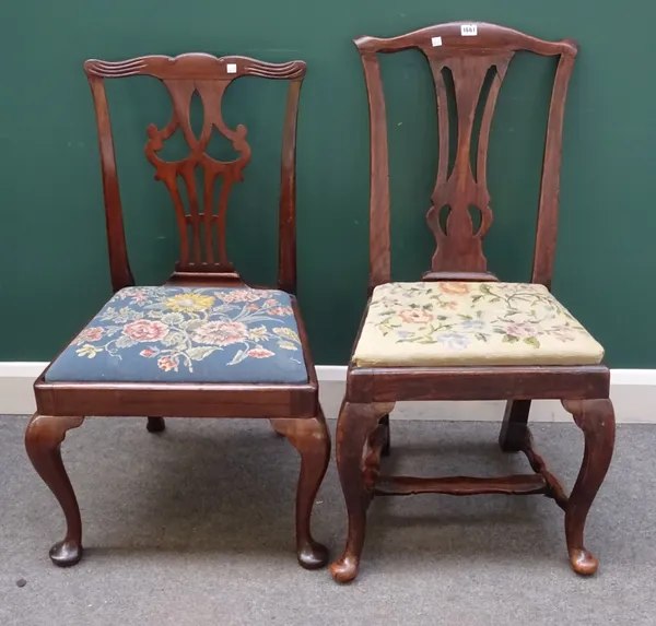 An 18th century provincial dining chair, with pierced splat back and drop-in seat, on unusual cabriole supports and flattened, turned 'H' frame stretc