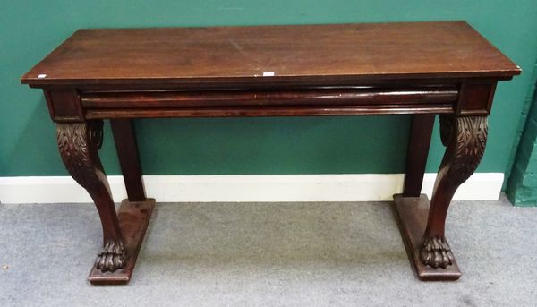 A Regency and later mahogany serving table with cushion frieze drawer, on scroll supports with paw feet, 152cm wide x 86cm high x 55cm deep.