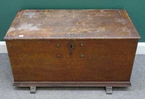 A 19th century European elm blanket box, with metal fittings and sleigh feet, 108cm wide x 55cm high x 56cm deep.