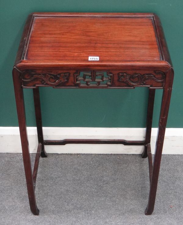 A 19th century Chinese hardwood occasional table, the rectangular top with pierced and dragon carved frieze on inswept block supports, 50cm wide x 36c