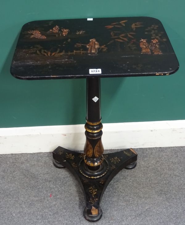 A late Regency black lacquer chinoiserie decorated rectangular occasional table, on turned column and triform platform, 47cm wide x 66cm high x 36cm d