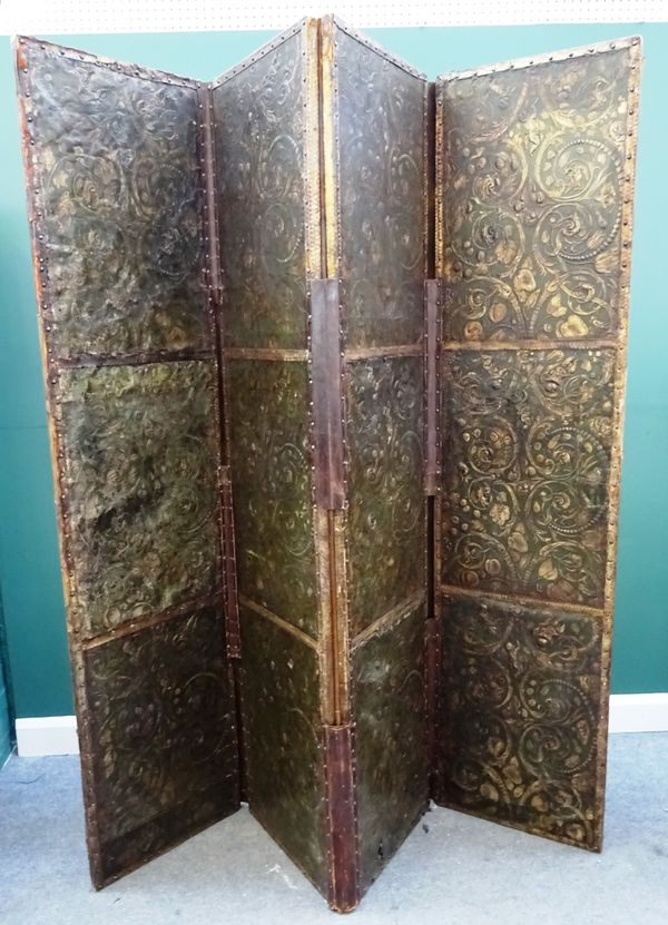 A 19th century floral embossed leather four fold draught screen, 208cm wide x 220cm high.