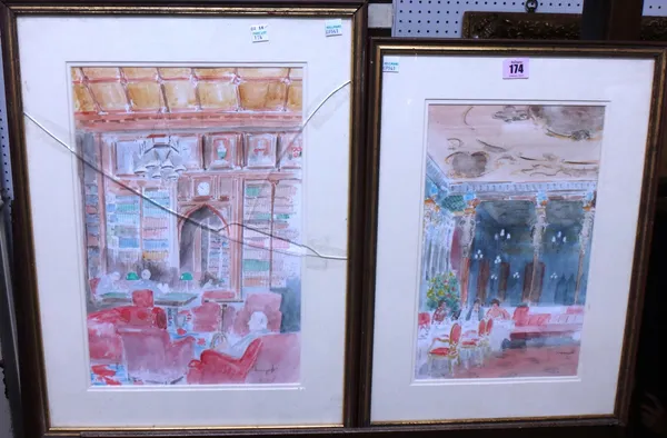 Peter Thorneycroft M.P. (1909-1994), House of Lords interior; Restaurant interior, two watercolours, both signed, the larger 38cm x 25.5cm.(2)  A4