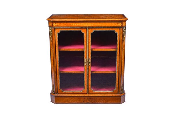 A Victorian gilt metal mounted marquetry inlaid figured walnut glazed two door display cabinet, on plinth base, 90cm wide x 102cm high x 39cm deep.  1