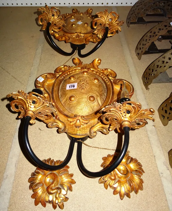 A pair of 20th century gilt wood and metal twin branch wall light, with acanthus decoration (2).  S4