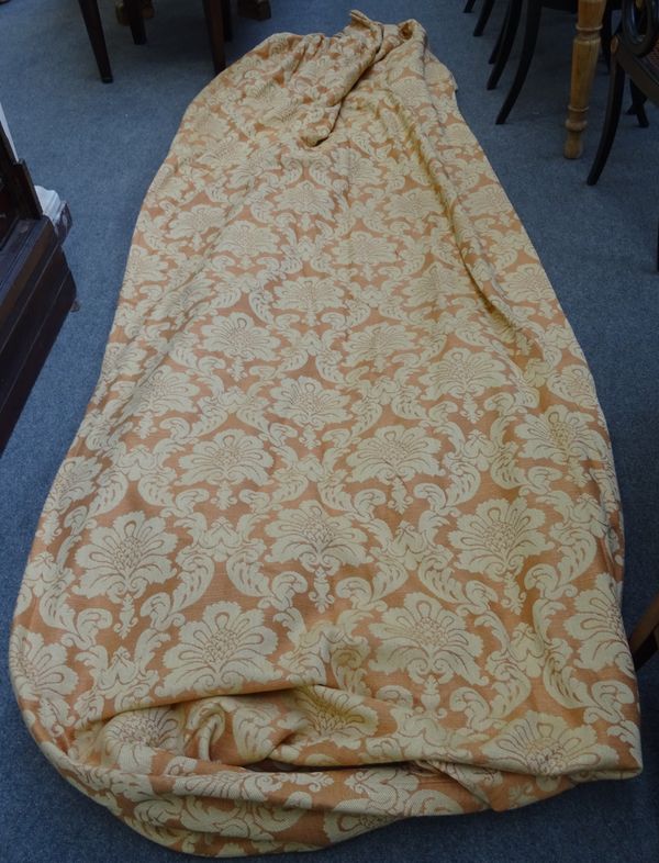 A set of six lined curtains in patterned peach fabric, to match the Knoll sofa (lot 1763), each 460cm drop, 130cm wide at the top, 260cm wide at the b