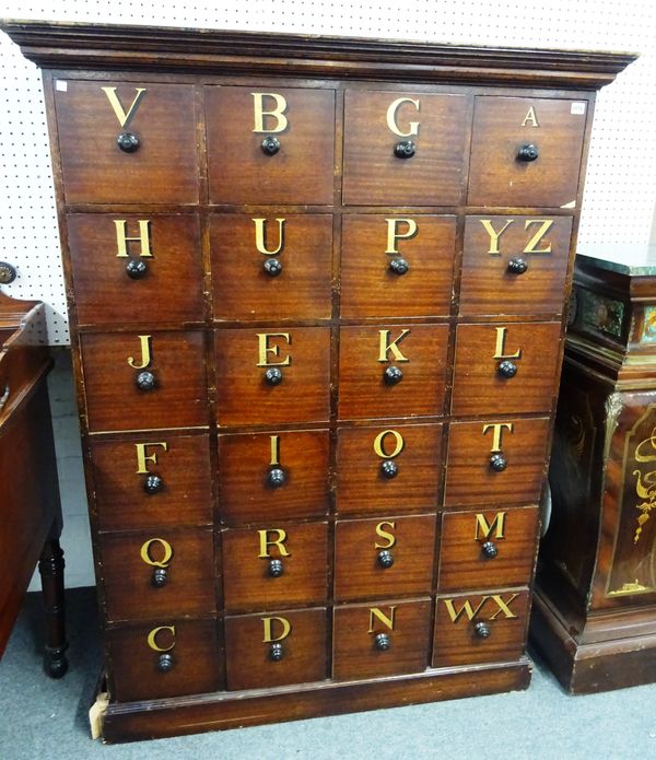 A pair of mahogany apothecary chests, one with gilt and ebony silhouetted lettering, the other with gilt silhouetted Roman numerals, each with twenty-