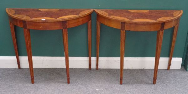 A pair of George III style burr elm and ash semi-elliptic side tables on tapering square supports, 91cm wide x 73cm high x 37cm deep, (2).