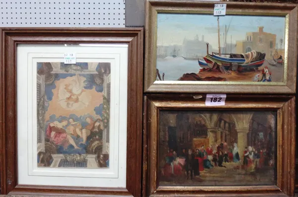 A group of three, Including an oil of an Italian Coastal town with figures by a boat; an oil of a church interior with figures, and a watercolour sket
