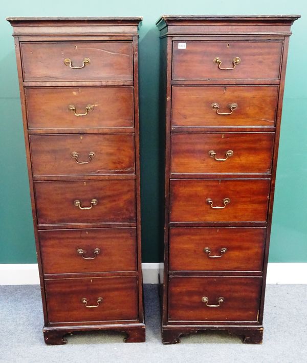 A pair of George III style mahogany six drawer pedestal chests/filing cabinets, 56cm wide x 163cm high x 53cm deep, (2).