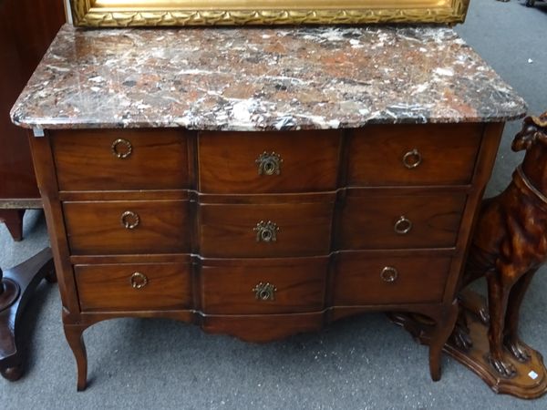 A pair of Louis XVI style commodes, each with shaped marble top over three long breakfront drawers, on cabriole supports, 100cm wide x 82cm high x 51c