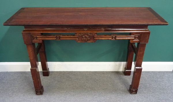 A pair of Chinese style hardwood altar tables, each with rectangular top above carved fireze, on stepped block supports, 141cm wide x 187cm high x 49c