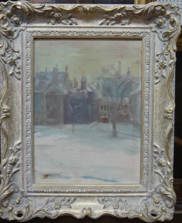 Roma Savage (20th century), Winter morning, Richmond Green, oil on canvasboard, inscribed on label on reverse, 32cm x 24cm.  A4