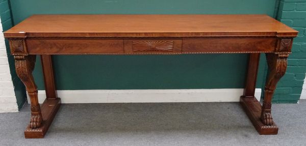 A Regency style mahogany serving table, with three frieze drawers on scroll mounted lion leg supports, 218cm wide x 68cm deep x 93cm high,