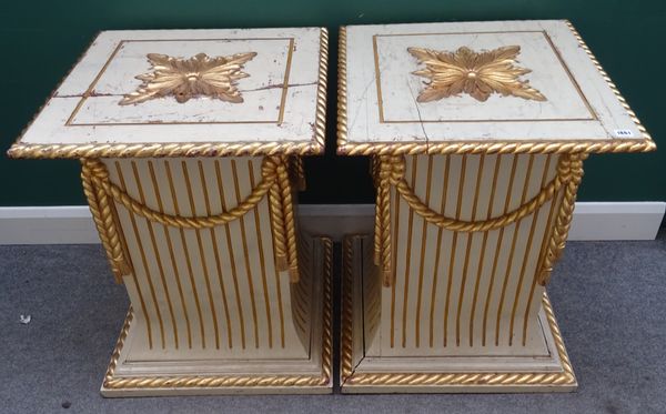 A pair of 20th century parcel gilt cream painted square jardinieres, the fluted column with rope twist decoration, on plinth base, 59cm wide x 76cm hi