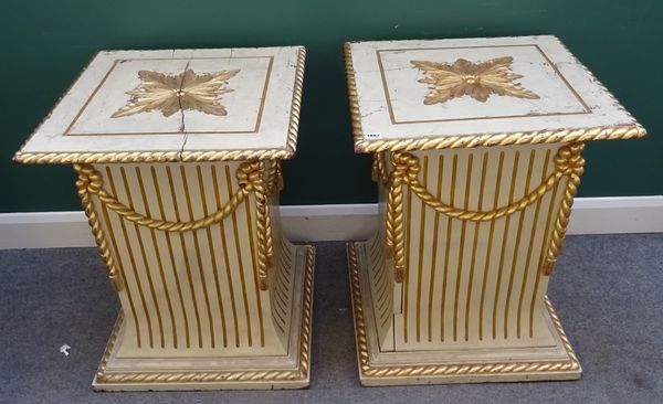 A pair of 20th century parcel gilt cream painted square jardinieres, the fluted column with rope twist decoration, on plinth base, 59cm wide x 76cm hi