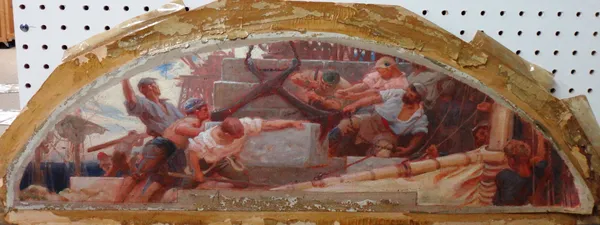 Circle of Frank Brangwyn, Sailors on deck hauling in the anchor, oil on canvas laid on board, fan shaped, unframed, 21cm x 70cm.  CAB