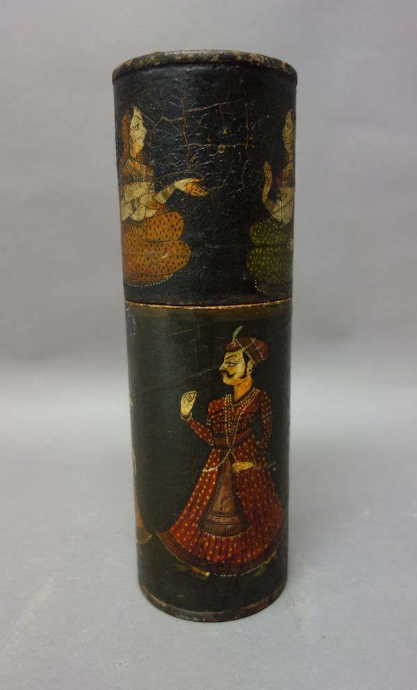 An Indian lacquer cylindrical box and cover painted with figures, 19th/20th century, 30cm. high.