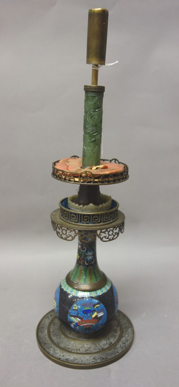 A Chinese cloisonné vase adapted as a lamp, late 19th/20th century, the vase of bottle form worked with panels of Buddhist emblems on a black ground,