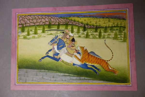 A nobleman on horse attacked by a lion, Rajasthan, North India, 19th century, opaque pigments and gold on paper, yellow and pink borders, 16.4cm. by 2