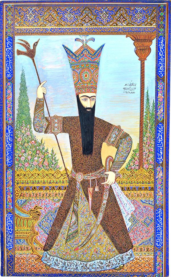 A Qajar full length portrait of Fath-Alli Sha, 19th century, opaque pigments on card, 44cm. by 27cm.  Illustrated