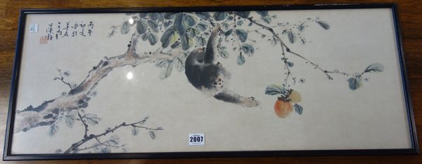 Two Chinese watercolour paintings, 20th century, the first painted with a monkey reaching towards a branch laden with peaches, signed, 29.5cm. by 80cm