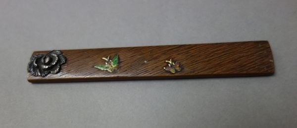 A Japanese copper ishime kosuka, Edo period, 19th century, with cloisonné inlaid insects and a peony in silver takazogan, 9.5cm. length.  Illustrated