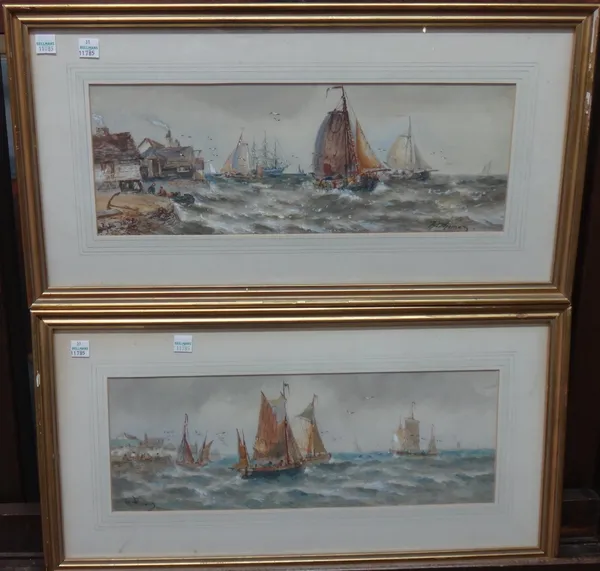 R. Thomas (19th/20th century), Vessels off the coast, a pair, watercolour, both signed, each 14cm x 40cm.  B9
