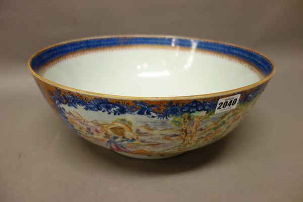 A large Chinese mandarin palette punchbowl, Qianlong, painted with two large figurative panels alternating with smaller landscape panels against an or