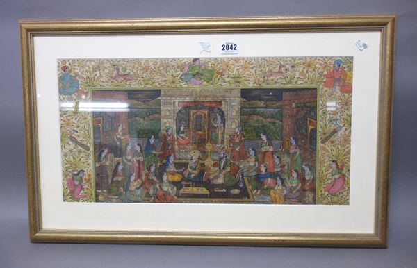 An Indian painting of an interior scene, opaque pigments on paper, depicting a prince and princess with attendants and musicians, the border filled wi