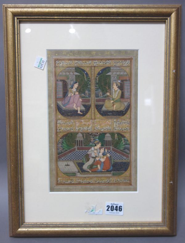 A set of three Indian miniatures, opaque pigments on paper, each with a pair of portraits of a seated man and woman above a scene of lovers beneath li