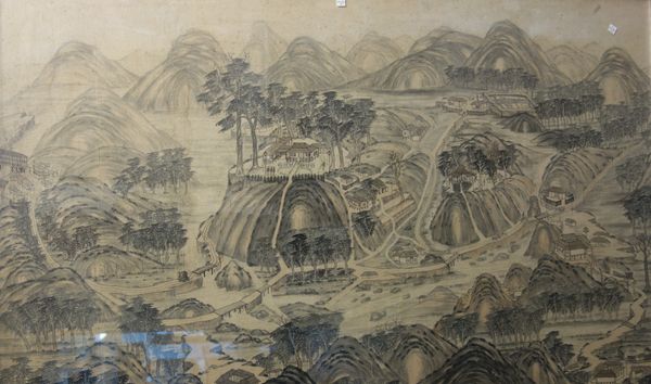 Tin mining on Singkep island, Indonesia, a large painting, watercolour and ink on silk, painted with an extensive landscape with figures, (a.f), 85cm.