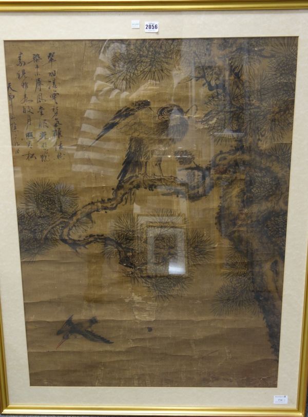 Two large Chinese paintings, 19th century, ink and pigment on linen, depicting an eagle in a pine tree  and a scholar on a mule, with inscriptions, ea