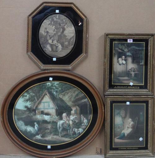 After George Morland, Peasant Smoking; Cottage Seamstress, a pair of colour stipple engravings, and four further prints, all in verre eglomise frames.