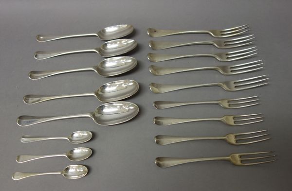 A silver composite part canteen of table flatware, comprising; six table forks, ten rat tail pattern tablespoons, six dessert forks, eleven rat tail p