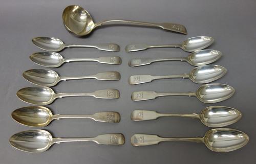 Silver fiddle pattern table flatware, comprising; twelve table forks, London 1827 and 1841, twelve tablespoons, London 1841, twelve dessert forks Lond