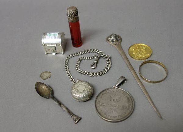 A Victorian silver sovereign case, with foliate engraved decoration, Birmingham 1898, fitted to a silver curb link watch Albert chain, a silver paper