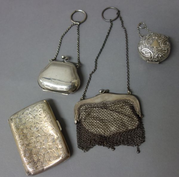 A silver rectangular cigarette case, with engraved decoration, Birmingham 1901, a silver coin purse, designed as a miniature handbag, fitted with a ca