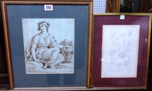 A group of five, including an Italian pen ink and wash drawing of a woman, an engraving with aquatint after Francesco Solymene depicting a scene from