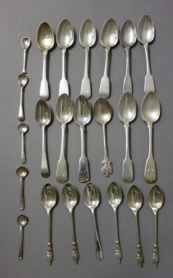 Silver, comprising; eight Scottish fiddle pattern teaspoons, five figure terminal teaspoons, Sheffield 1910, six condiment spoons and five further sil