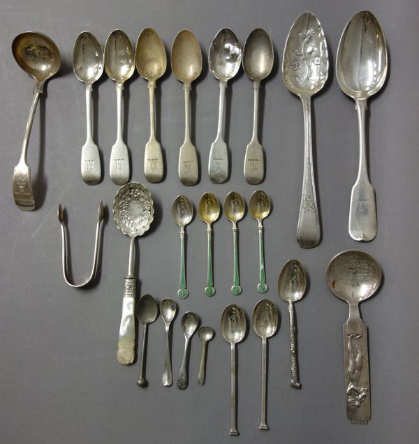 Silver table flatware, comprising; eight Irish fiddle pattern teaspoons, Dublin 1865, three further Irish fiddle pattern teaspoons, a fiddle pattern s