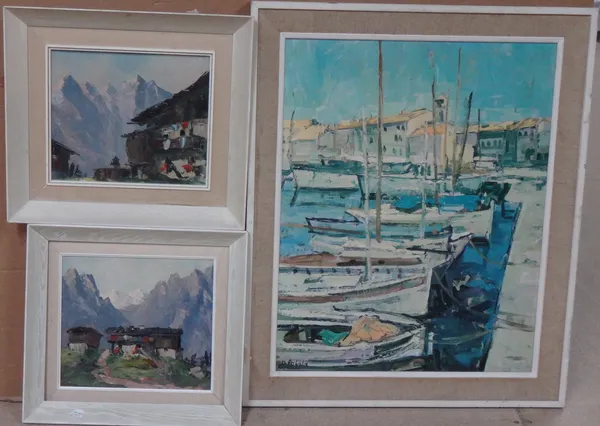 Continental School (20th century), Alpine scenes, two, oil on board, the larger 23cm x 28cm, together with an oleograph of a harbour scene after Theob
