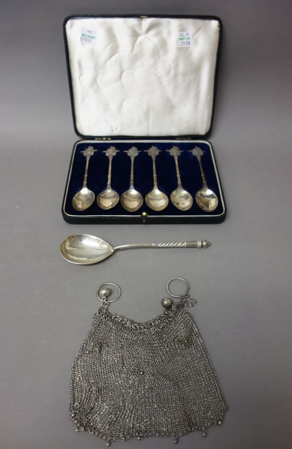 A set of six silver teaspoons commemorating The Festival of Britain 1951, London 1951, with a case, a Russian spoon with a fig shaped bowl and with sp