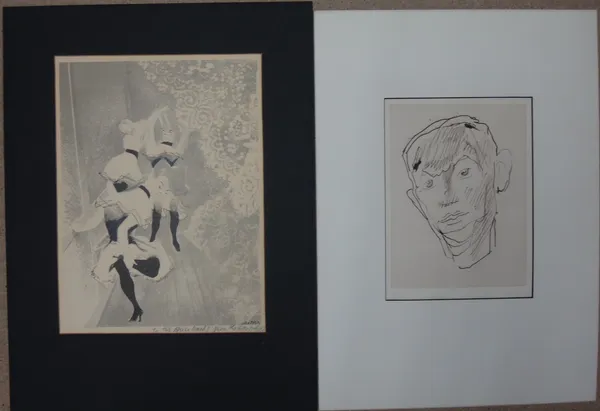 After Jacques Villon, Male portrait, etching, numbered XVI/XX, unframed 22cm x 16cm.; together with a lithograph of dancers signed Gropper.(2)  CAB