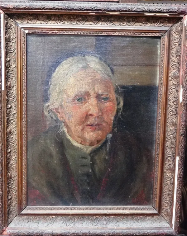 Circle of Walter Langley, Portrait of an old woman, oil on canvas laid on board, 40cm x 29cm.  D9