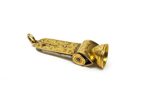 A Victorian 18 ct gold mounted cigar cutter, with engraved decoration, London 1892, BC49.