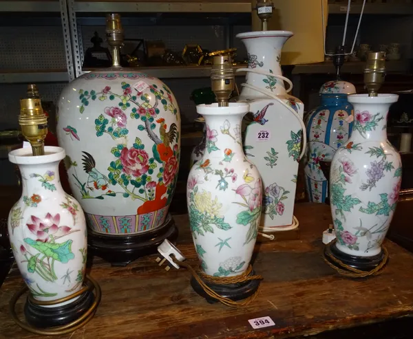 A group of five 20th century Chinese famille-rose style table lamps, (5).  J3