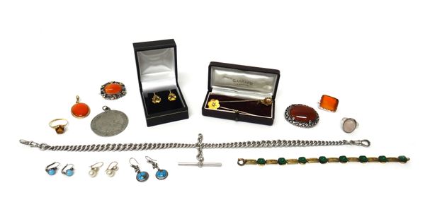 A gold and half pearl set stick pin, a gilt metal stick pin, a silver curb link watch Albert chain, fitted with two swivels and a T bar, a 9 ct gold r